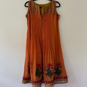 Unique Silk Embroidered Button front Shimmery Orange Sleeveless Dress Size 6